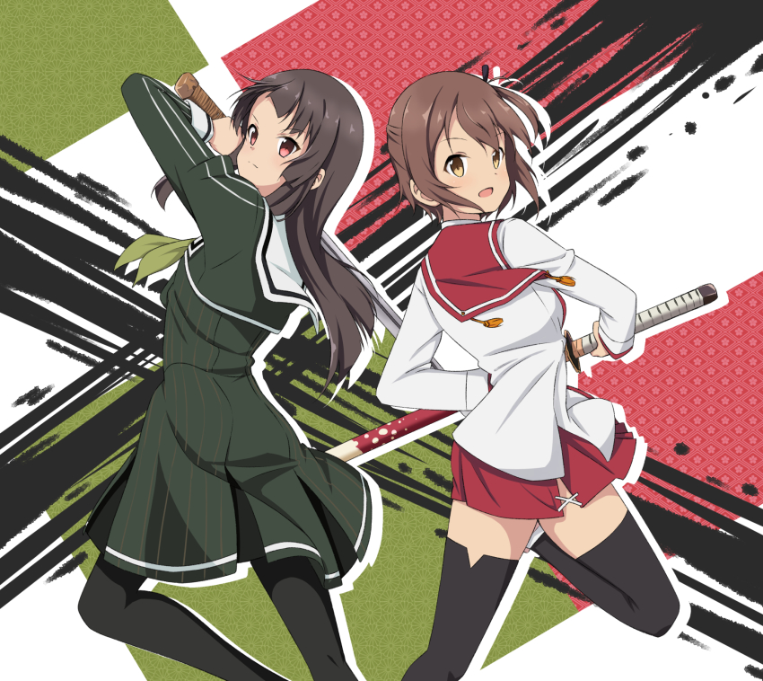 2girls back-to-back black_pantyhose black_thighhighs brown_hair closed_mouth commentary_request dress etou_kanami green_dress green_neckerchief half_updo heijou_institute_school_uniform highres holding holding_sword holding_weapon juujou_hiyori katana kikumon long_hair long_sleeves looking_at_viewer looking_back miniskirt minoseki_gakuin_uniform motsutoko multiple_girls neckerchief open_mouth orange_eyes pantyhose pleated_skirt red_eyes red_sailor_collar red_skirt sailor_collar sakuramon school_uniform sheath shirt short_hair sidelocks skirt sword thighhighs toji_no_miko unsheathing v-shaped_eyebrows weapon white_sailor_collar white_shirt winter_uniform zettai_ryouiki