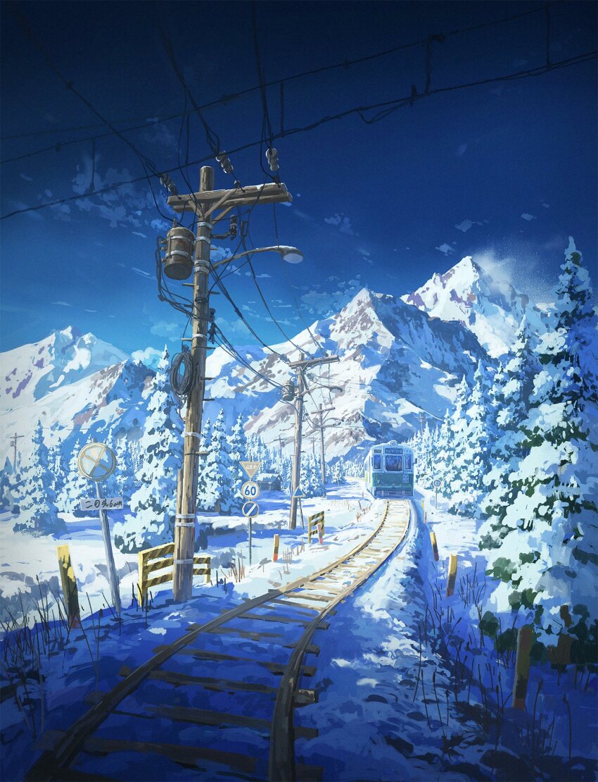 blue_sky cloud commentary cyclecircle day english_commentary highres lamppost mountain no_humans original outdoors pine_tree power_lines railroad_tracks scenery shade sign sky snow train tree utility_pole