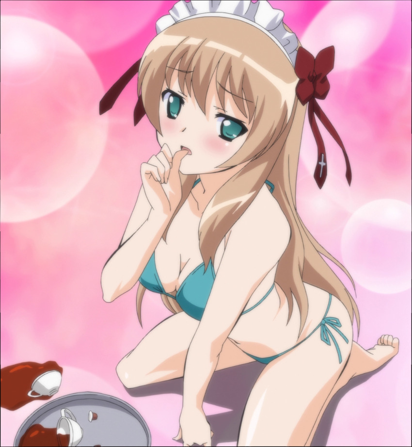 1girl anime_screenshot bikini blush breasts brown_hair cleavage cup green_bikini green_eyes highres maid_headdress mayoi_neko_overrun! medium_breasts navel serizawa_fumino side-tie_bikini_bottom stitched swimsuit teacup third-party_edit