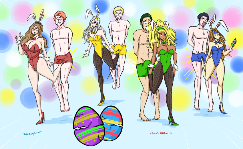 4boys 4girls ball_busting bow bowtie breasts broken_egg cleavage crotch_kick easter_egg egg fishnets high_heels leotard multiple_boys multiple_girls ocigart playboy_bunny rabbit_ears topless_male