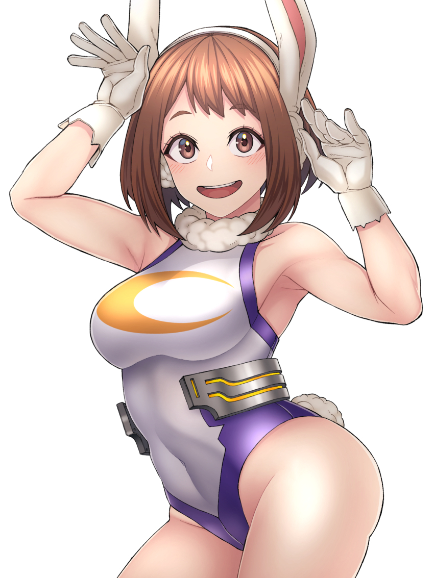 1girl :d absurdres animal_ears blush boku_no_hero_academia breasts brown_eyes brown_hair cosplay cowboy_shot fake_animal_ears fake_tail gloves highleg highleg_leotard highres kobaji leotard looking_at_viewer medium_breasts mirko mirko_(cosplay) open_mouth rabbit_ears rabbit_pose rabbit_tail short_hair sidelocks simple_background smile solo superhero_costume tail teeth upper_teeth_only uraraka_ochako white_background white_gloves white_leotard