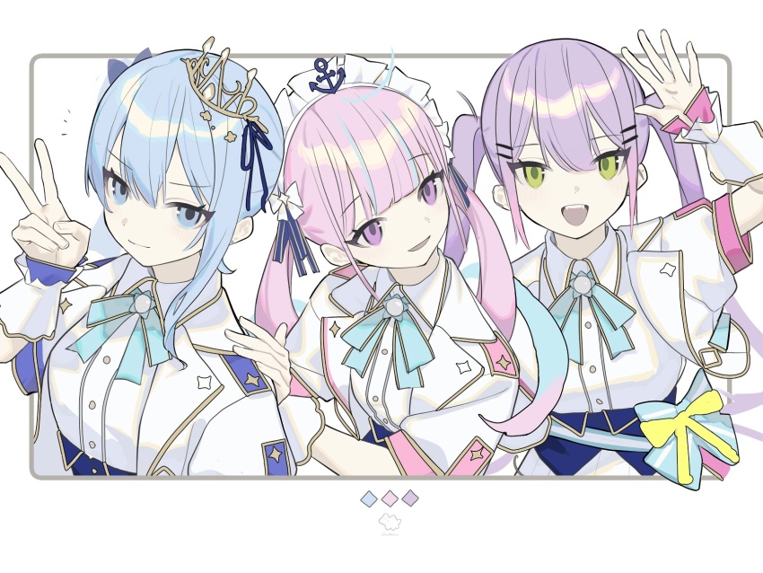 3girls ahoge anchor_symbol blue_eyes blue_hair brooch collared_jacket collared_shirt crown drill_hair gradient_hair green_eyes hair_ornament hair_ribbon hairpin hand_on_another&#039;s_shoulder highres hololive hoshimachi_suisei idol idol_clothes jacket jewelry maid_headdress minato_aqua multicolored_hair multiple_girls multiple_hairpins neck_ribbon open_mouth pink_eyes pink_hair purple_hair ribbon shirt short_sleeves side_ponytail sidelocks simple_background single_sidelock startend_(hololive) streaked_hair tai_inukai through_medium through_page tokoyami_towa twintails two-tone_hair upper_body v virtual_youtuber white_background white_jacket white_shirt wrist_cuffs