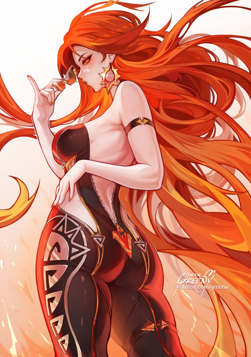 1girl absurdres adapted_costume ass backless_outfit biker_clothes bikesuit black_bikesuit bodysuit breasts earrings genshin_impact greenu highres jewelry long_hair mavuika_(genshin_impact) multicolored_hair orange_eyes orange_hair red_hair strapless_bodysuit sunglasses two-tone_eyes very_long_hair zipper_bodysuit zipper_pull_tab