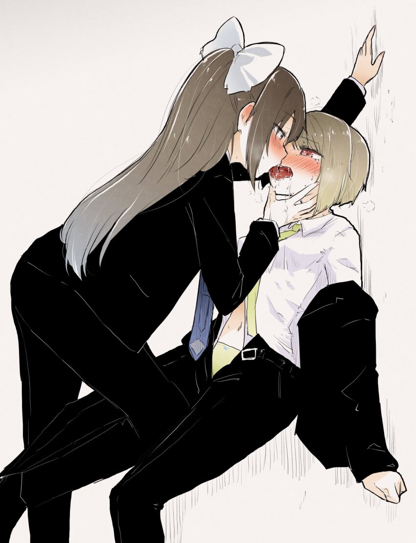 2girls ast black_jacket black_pants blue_eyes blue_necktie blush bob_cut bow breasts brown_hair collared_shirt commentary_request commission dress_shirt drooling eye_contact formal_clothes french_kiss hair_bow half-closed_eyes hand_on_wall highres inverted_bob jacket jacket_partially_removed kiss leg_between_thighs long_hair long_sleeves looking_at_another love_live! love_live!_nijigasaki_high_school_idol_club multiple_girls nakasu_kasumi navel necktie nose_blush open_clothes open_fly open_jacket open_mouth osaka_shizuku pant_suit panties pants partially_unbuttoned pink_eyes pixiv_commission saliva shirt short_hair simple_background sitting sleeves_past_wrists small_breasts suit suit_jacket tongue tongue_out underwear undone_necktie white_background white_bow white_shirt yellow_necktie yellow_panties yuri