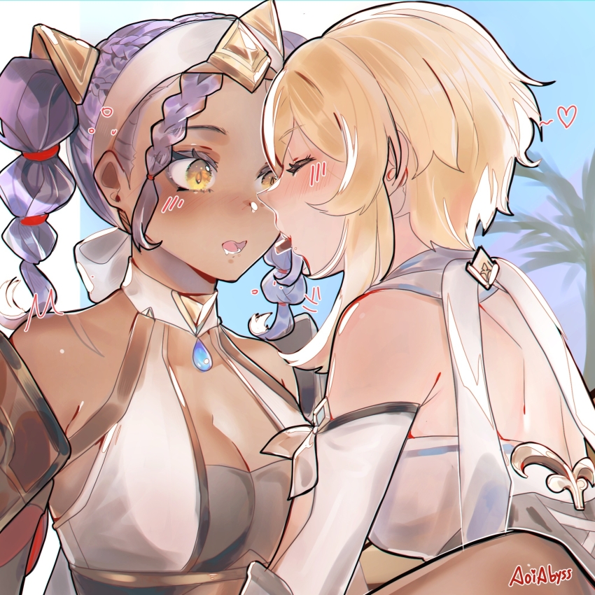 2girls aoiabyss artist_name backless_dress backless_outfit bare_shoulders between_legs blonde_hair blue_sky blush braid breasts chocolate cleavage closed_eyes commentary dark-skinned_female dark_skin detached_sleeves dress eremite_(faction) genshin_impact heart highres jeht_(genshin_impact) lumine_(genshin_impact) medium_breasts mouth_hold multiple_girls open_mouth outdoors purple_hair scar scar_on_shoulder sky tree twin_braids upper_body yellow_eyes yuri