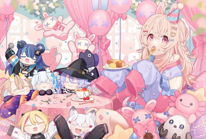 1girl absurdres ahoge animal_ears antlers balloon bear_ears bear_girl black_hat blue_bow bow braid character_doll cherry chiri_(ch!) confetti cup deer_antlers deer_ears deer_girl dragon_girl dragon_horns fish_boy flower food food_on_face formal fortissimo fruit fujikura_uruka h2osakana hair_bow hair_ornament hakushika_iori hat headphones heart heart_hair_ornament highres holding holding_microphone holding_plate horns jacket lemon lemon_slice long_hair long_sleeves microphone multicolored_clothes multicolored_jacket musical_note musical_note_hair_ornament open_mouth party_hat phase_connect pink_bow pink_eyes pipkin_pippa pipkin_pippa_(1st_costume) plate purple_jacket rabbit_ears rabbit_girl rabbit_hair_ornament rinkou_ashelia second-party_source shisui_michiru_(phase_connect) sleeves_past_fingers sleeves_past_wrists spoon stuffed_animal stuffed_axolotl stuffed_bird stuffed_rabbit stuffed_toy sugar_cube suit table teacup tenma_maemi thighs twin_braids utatane_nasa virtual_youtuber white_flower witch_hat yellow_flower yellow_jacket