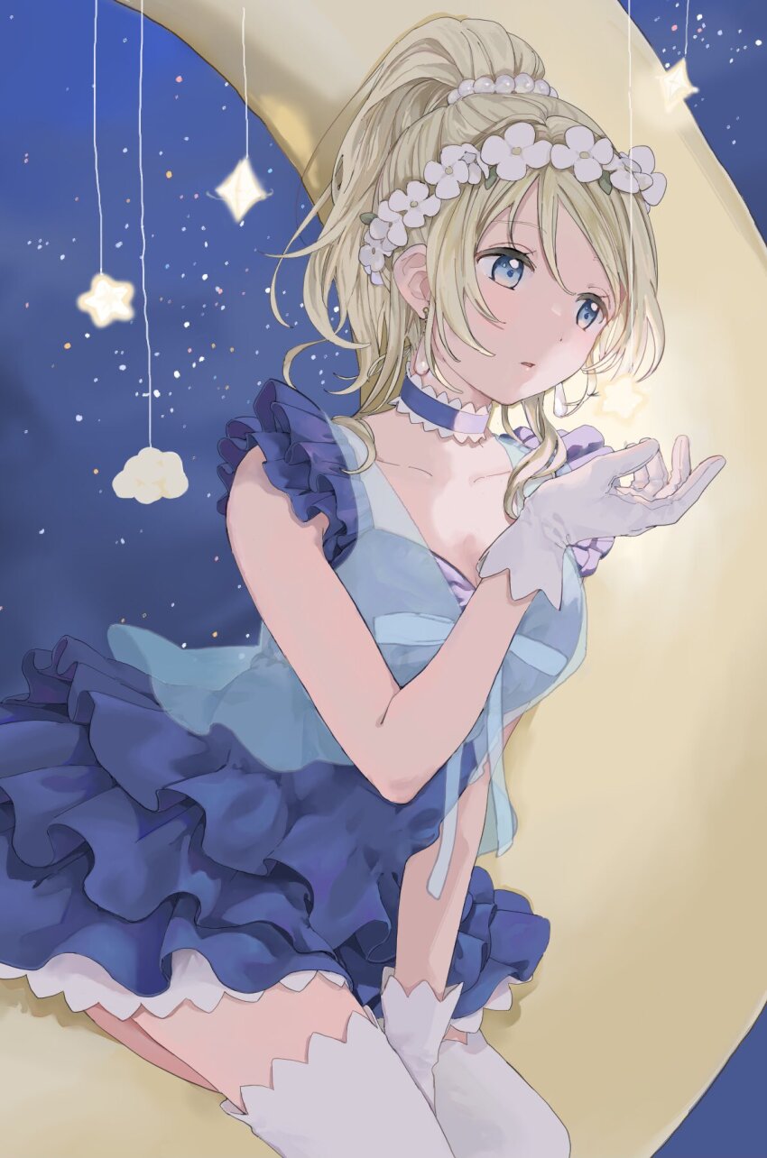 1girl ayase_eli blonde_hair blue_dress blue_eyes breasts cleavage collarbone commentary dress feet_out_of_frame flower frilled_dress frills gloves hand_up head_wreath high_ponytail highres large_breasts long_hair love_live! love_live!_school_idol_project official_alternate_costume on_crescent parted_lips ponytail rinrin_johann short_dress sideways_glance sitting sleeveless sleeveless_dress solo thighhighs white_flower white_gloves white_thighhighs yume_no_tobira zettai_ryouiki