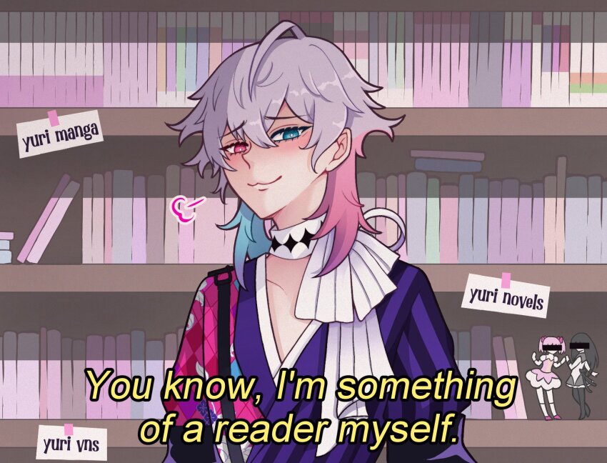 1boy :3 akemi_homura akemi_homura_(magical_girl) bishounen blue_eyes blue_hair blush bookshelf censored censored_identity coat commentary diamond_choker english_commentary english_text eyelashes figure gavis_bettel gavis_bettel_(1st_costume) grey_hair hair_between_eyes heterochromia highres holostars holostars_english i&#039;m_something_of_a_scientist_myself_(meme) kaname_madoka kaname_madoka_(magical_girl) looking_at_viewer lumy_bell mahou_shoujo_madoka_magica male_focus medium_hair meme multicolored_coat multicolored_hair pink_eyes pink_hair puff_of_air scarf smile solo striped_coat upper_body vertical-striped_coat virtual_youtuber white_scarf