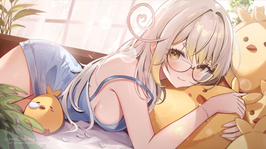 :3 ahoge alternate_hairstyle armpits bird blonde_hair blue_camisole blush_stickers bracelet breasts camisole chick curtains glasses heart heart_ahoge highres holding holding_stuffed_toy hug jewelry kamogumi_(kanna_yanagi) kanna_yanagi large_breasts long_hair lying multicolored_hair namishiron on_stomach petals pixellink plant semi-rimless_eyewear short_eyebrows sideboob sleeping squeans stuffed_toy two-tone_hair virtual_youtuber white_hair window yellow_eyes