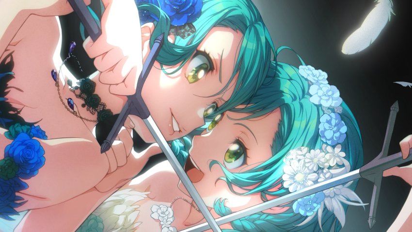 2girls aqua_hair bad_id bad_twitter_id bang_dream! bare_shoulders battle blue_flower braid choker clash close-up duel eye_contact feathers flower gem grabbing_another&#039;s_chin green_eyes grin hair_flower hair_ornament hairband hand_on_another&#039;s_chin highres hikawa_hina hikawa_sayo holding holding_sword holding_weapon izu_(izzzzz27) jewelry lace lace_choker lips long_hair looking_at_another multiple_girls necklace open_mouth short_hair siblings side_braid sisters smile strapless sword twin_braids twins weapon white_flower