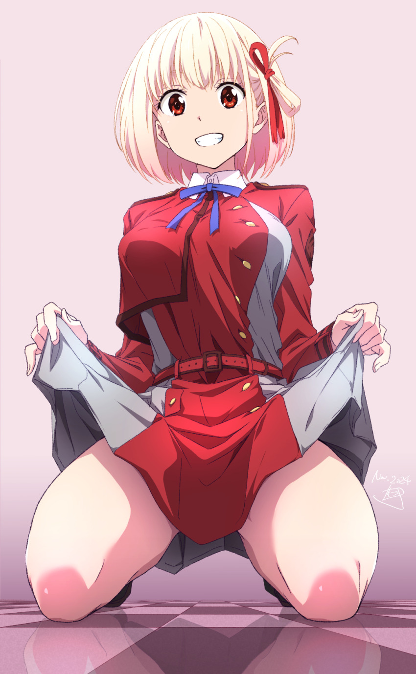 1girl belt blonde_hair blue_ribbon breasts checkered_floor clenched_teeth clothes_lift dated dress dress_lift grey_dress grin hair_ribbon highres kneeling lifting_own_clothes long_sleeves looking_at_viewer lycoris_recoil lycoris_uniform medium_breasts neck_ribbon nii_manabu nishikigi_chisato pink_background red_belt red_dress red_eyes red_ribbon reflection ribbon short_hair signature smile solo teeth thighs two-tone_dress