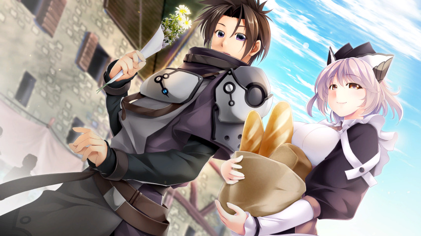 1boy 1girl apron armor atelier-moo baguette belt black_hair bread breast_rest breasts brown_eyes closed_mouth flower food frilled_apron frills hair_between_eyes hair_ornament highres holding holding_flower holding_food house ibis_(our_battle_has_just_begun!) large_breasts long_sleeves looking_at_viewer looking_down maid maid_apron narrow_waist oma_(our_battle_has_just_begun!) open_mouth our_battle_has_just_begun! puffy_long_sleeves puffy_sleeves short_hair sky smile standing town white_apron