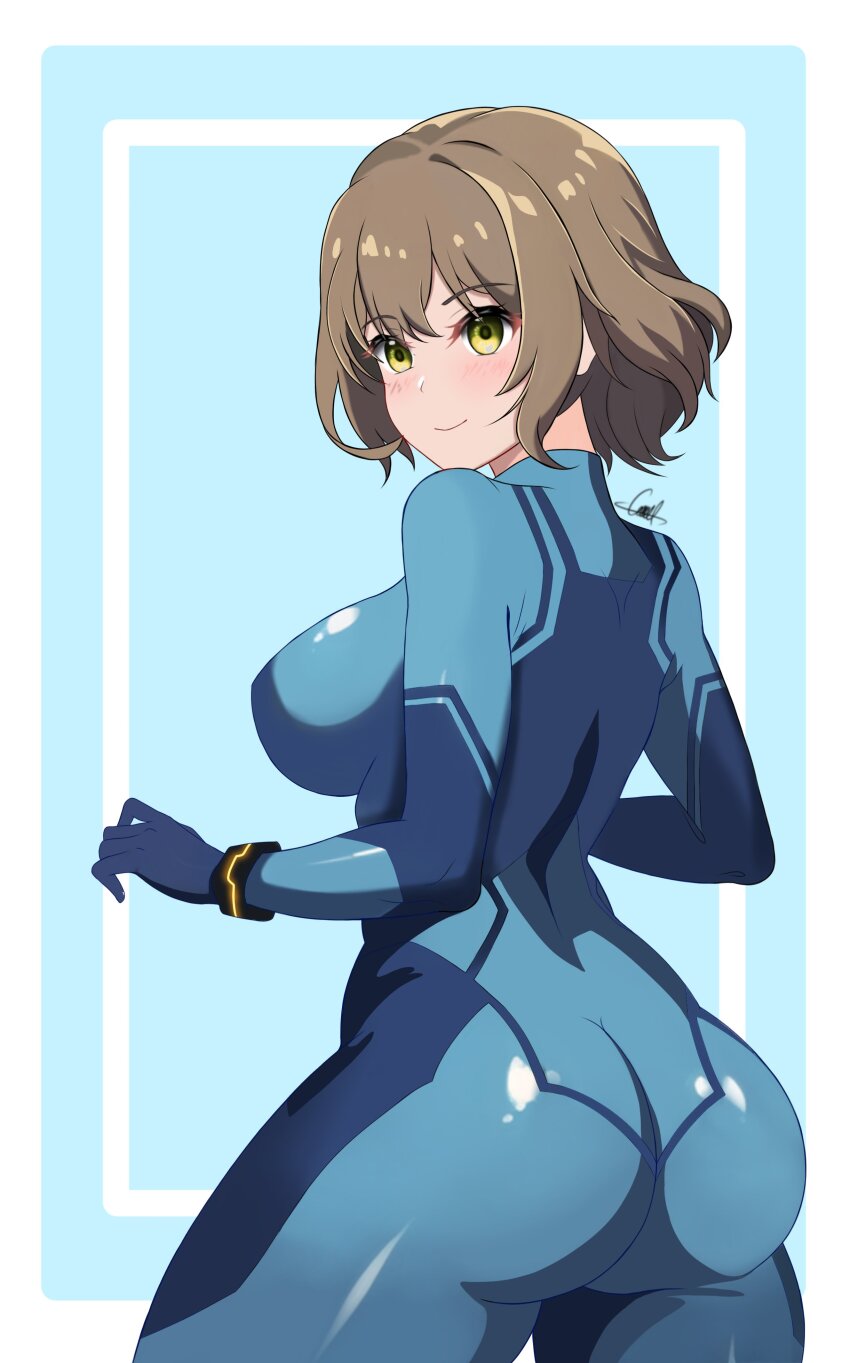 1girl absurdres anis_(nikke) ass blue_bodysuit blush bodysuit breasts brown_hair closed_mouth cosplay goddess_of_victory:_nikke highres large_breasts lgc_cat metroid metroid:_zero_mission nintendo samus_aran samus_aran_(cosplay) short_hair skin_tight smile solo yellow_eyes zero_suit