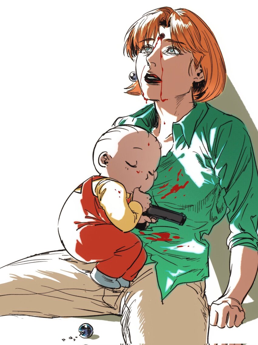 1boy 1girl baby blood blood_on_clothes blood_on_face borderline7839 corrupted_twitter_file death family_guy green_shirt gun handgun headshot highres holding holding_gun holding_weapon injury khaki_pants lois_griffin mother_and_son murder orange_hair overalls red_lips red_overalls shirt sleeping stewie_griffin weapon