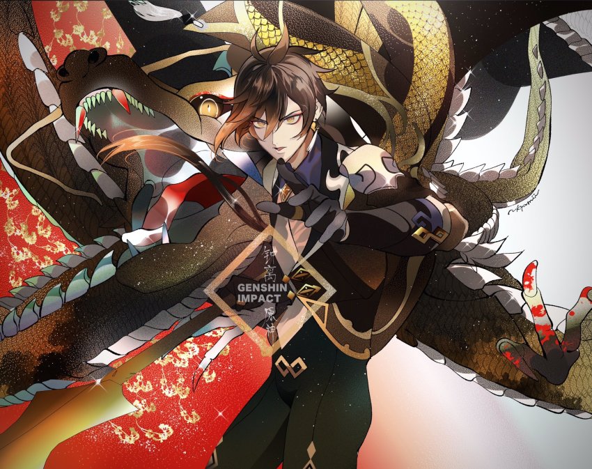 1boy black_gloves brown_hair collared_shirt commentary commentary_request copyright_name creature_and_personification dragon earrings eastern_dragon english_text eyeliner eyeshadow formal_clothes genshin_impact gloves gradient_hair hair_between_eyes highres holding holding_polearm holding_spear holding_weapon jacket jewelry long_hair long_sleeves makeup male_focus multicolored_hair naru9 necktie open_mouth orange_hair personification polearm ponytail red_eyeshadow rex_lapis_(genshin_impact) sharp_teeth shirt single_earring solo sparkle spear suit symbol-only_commentary tassel tassel_earrings teeth thumb_ring translation_request weapon whiskers yellow_eyes zhongli_(genshin_impact)