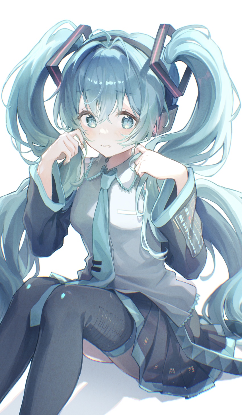 1girl absurdres aqua_eyes aqua_hair aqua_nails aqua_necktie ban_(one_ban7241) blush clenched_teeth collared_shirt detached_sleeves embarrassed grey_shirt hatsune_miku headphones highres holding holding_own_hair long_hair long_sleeves necktie on_floor pleated_skirt shadow shirt simple_background sitting skirt sleeveless sleeveless_shirt solo teeth thighhighs tie_clip twintails very_long_hair vocaloid white_background wide_sleeves