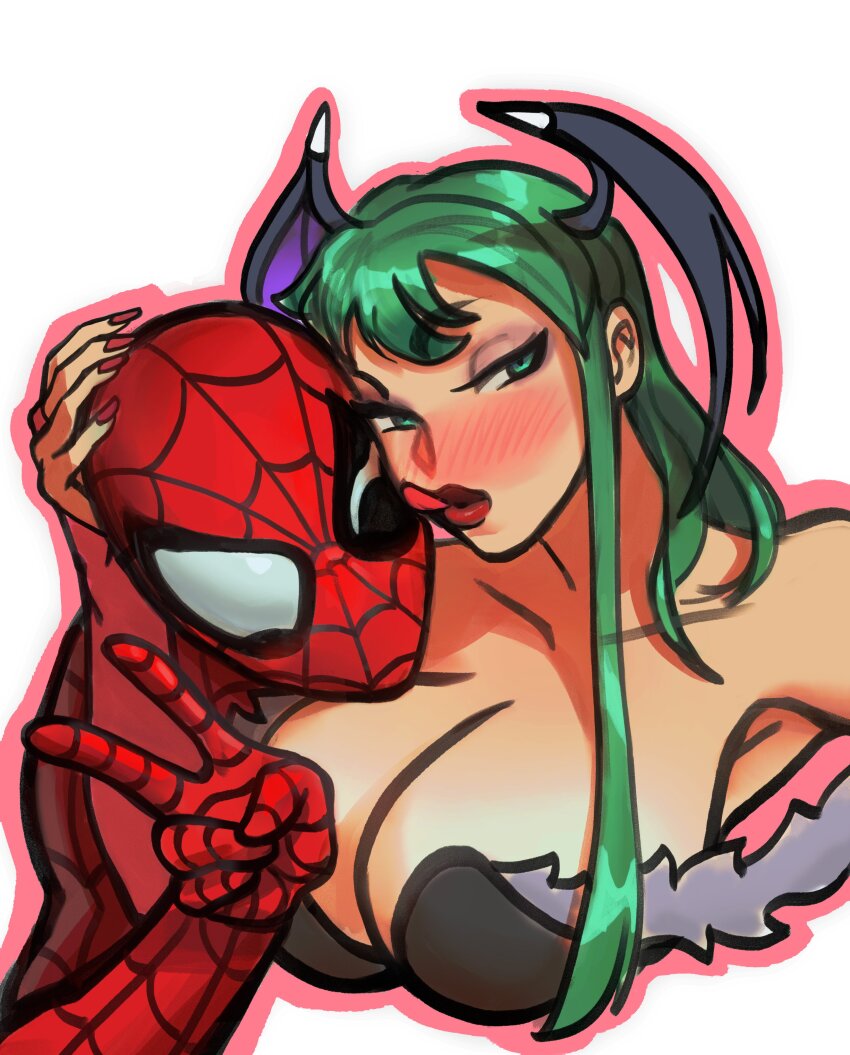 1boy 1girl absurdres animal_print bat_wings blush bodysuit capcom demon_girl green_hair head_wings highres licking marvel marvel_vs._capcom morrigan_aensland peter_chai purple_wings red_bodysuit spider-man spider-man_(series) spider_print superhero_costume v darkstalkers wings