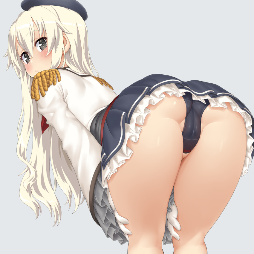 1girl ass black_panties black_skirt blonde_hair cameltoe cosplay dd_(ijigendd) epaulettes frilled_skirt frilled_sleeves frills gloves grey_eyes hair_between_eyes highres jacket kantai_collection kashima_(kancolle) kashima_(kancolle)_(cosplay) long_hair military_jacket miniskirt panties pleated_skirt shimakaze_(kancolle) skirt solo underwear very_long_hair white_gloves white_jacket