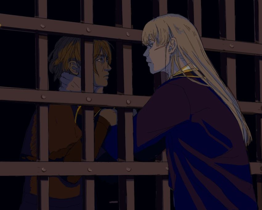 2boys blonde_hair canute frown hand_on_another&#039;s_head holding konki long_hair looking_at_another male_focus multiple_boys prince prison prison_cell scar thorfinn viking vinland_saga