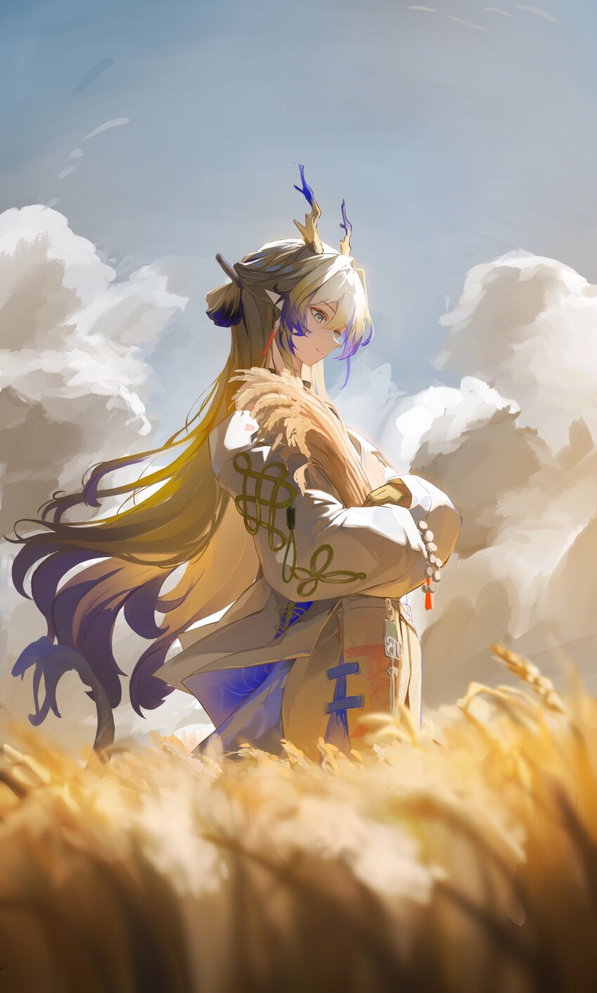 1girl absurdres arknights cloud coat earrings gradient_hair grey_eyes harvest highres horns jewelry long_hair multicolored_hair pointy_ears rice_(plant) rice_paddy shu_(arknights) smile tail uryu_(uryu0329) white_coat