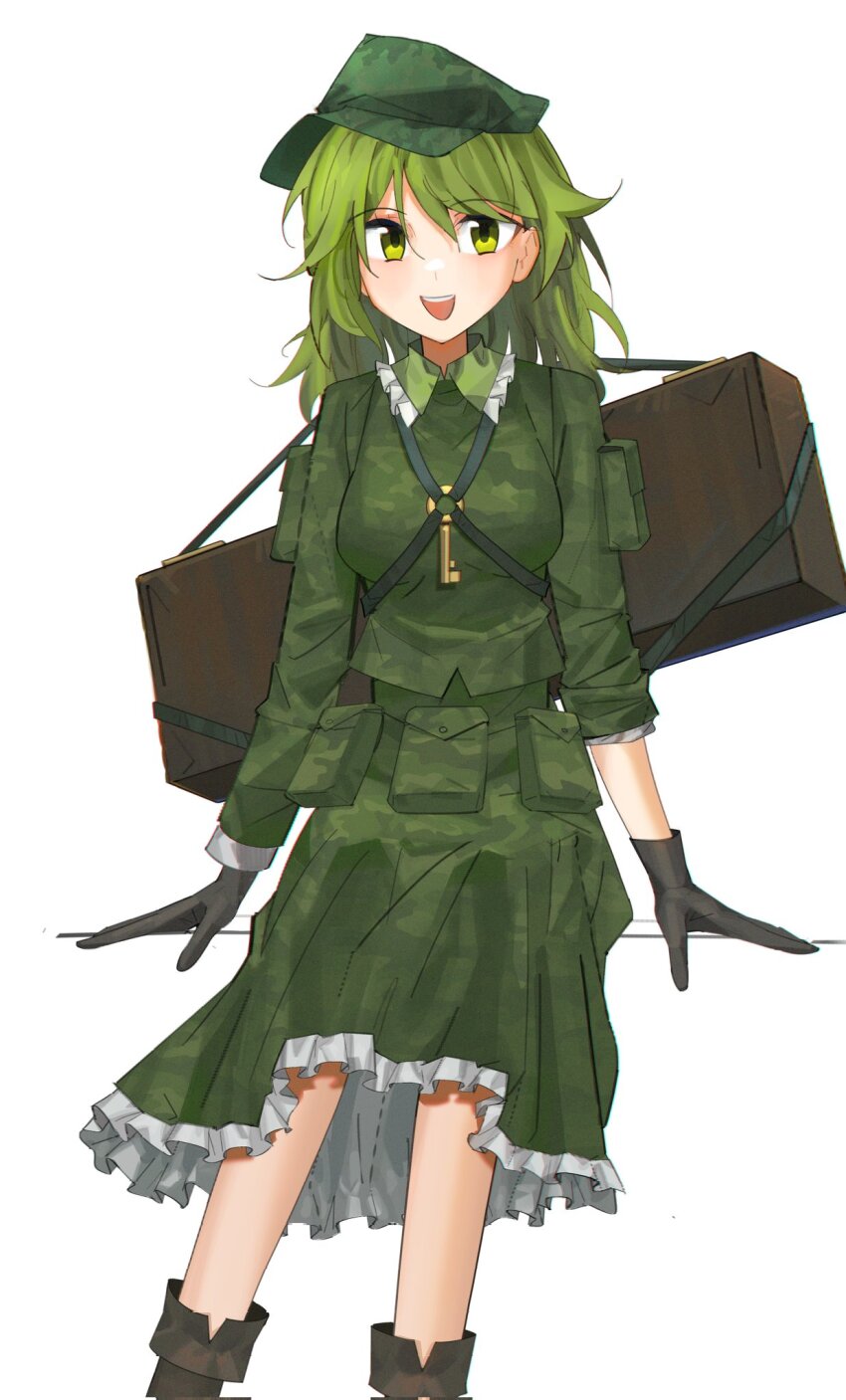 1girl :d aesur_a box feet_out_of_frame flat_cap gloves green_eyes green_hair green_hat green_shirt green_skirt hat highres key looking_at_viewer medium_hair open_mouth shirt simple_background sitting skirt smile solo touhou white_background yamashiro_takane