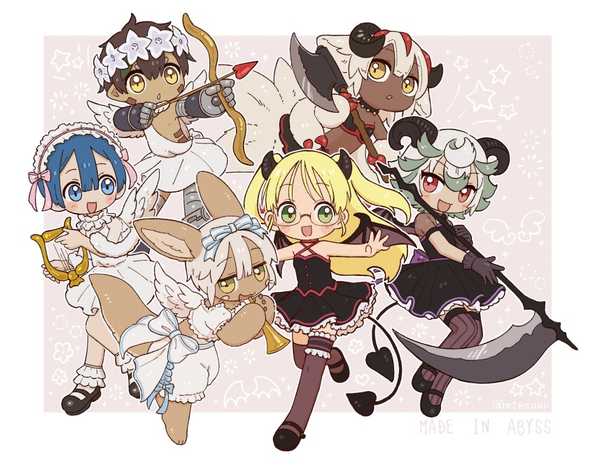 1other 2boys 3girls angel_wings animal_ears artist_name axe barefoot black_dress black_footwear black_tube_top blonde_hair blue_bow blue_eyes blue_hair blush bow bow_(weapon) bridal_garter brown_hair collar curly_hair curved_horns dark-skinned_female dark_skin demon_horns demon_tail demon_wings dress extra_arms faputa flat_chest flower frilled_dress frills furry glasses green_eyes green_hair head_wreath highres holding holding_axe holding_instrument holding_lyre holding_scythe horn_(instrument) horns instrument long_hair lyre made_in_abyss maid_headdress marking_on_cheek maruruk mechanical_arms mechanical_legs midriff mieno_(mienopp) monster_girl multicolored_hair multiple_boys multiple_girls multiple_tails pink_bow pointy_ears prushka puffy_pants red_eyes reg_(made_in_abyss) riko_(made_in_abyss) scythe short_hair spiked_collar spikes star_(symbol) strapless streaked_hair striped_clothes striped_thighhighs tail thighhighs toga tube_top two_side_up vertical-striped_clothes vertical-striped_thighhighs weapon white_dress white_flower white_hair wings yellow_eyes