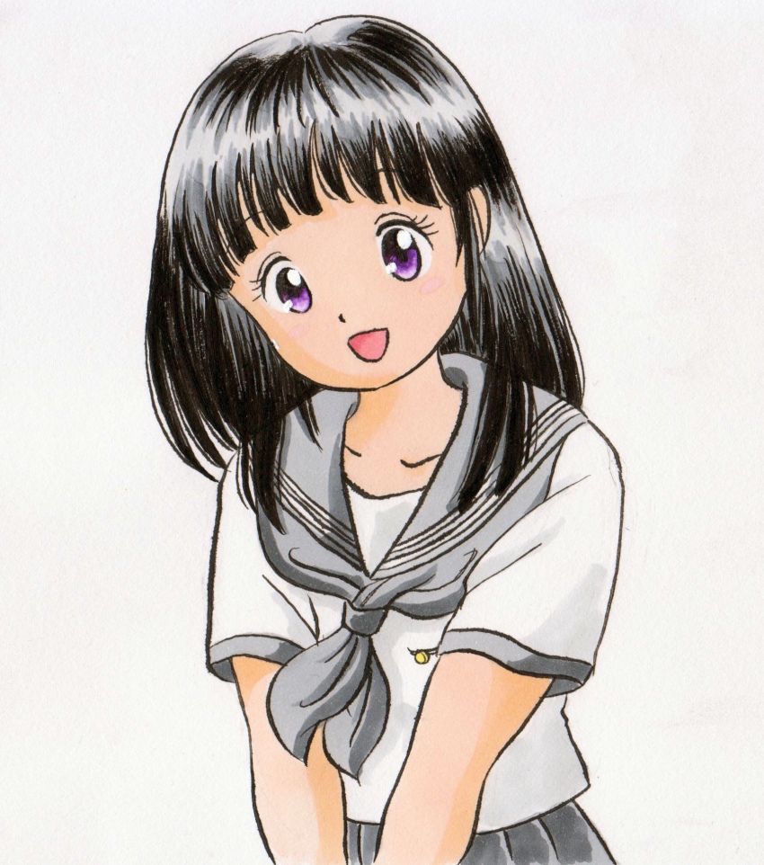 1girl black_hair blush breast_pocket chitanda_eru collarbone grey_neckerchief grey_skirt hyouka long_hair looking_at_viewer marup neckerchief open_mouth pocket purple_eyes school_uniform shirt short_sleeves skirt smile standing upper_body white_background white_shirt