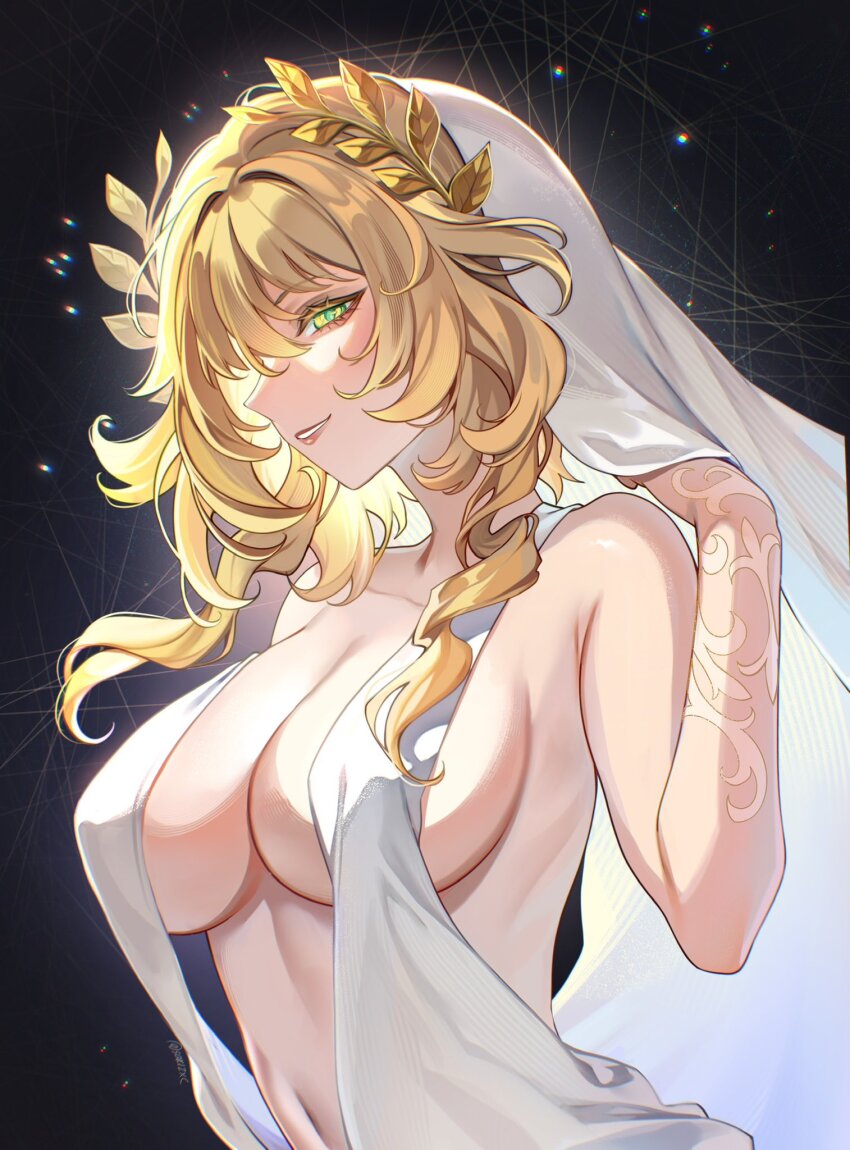 1girl aglaea_(honkai:_star_rail) alternate_costume black_background blonde_hair breasts center_opening commentary dress green_eyes highres honkai:_star_rail honkai_(series) large_breasts laurel_crown midriff navel parted_lips revealing_clothes sakichka short_hair sideboob smile solo upper_body veil white_dress white_veil