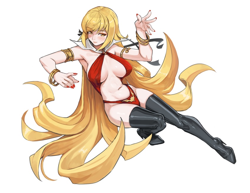 1girl bangle black_footwear black_ribbon blonde_hair blush boots bracelet breasts closed_mouth collar cosplay fingernails gold_armlet gold_bracelet hair_ribbon hand_up high_heel_boots high_heels highres jewelry kiss-shot_acerola-orion_heart-under-blade large_breasts long_fingernails long_hair looking_at_viewer monogatari_(series) multiple_bracelets nail_polish navel o-ring one-piece_swimsuit oshino_shinobu red_nails red_one-piece_swimsuit ribbon ricman_rt simple_background smile solo species_connection swimsuit thigh_boots vampirella vampirella_(character) vampirella_(character)_(cosplay) very_long_hair white_background white_collar yellow_eyes