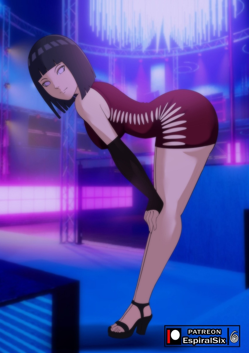 1girl artist_logo artist_name bare_shoulders bent_over black_footwear black_gloves black_hair blunt_bangs boruto:_naruto_next_generations breasts closed_mouth dress elbow_gloves espiralsix female_focus fingerless_gloves from_side gloves hands_on_own_knees high_heels highres hyuuga_hinata leaning_forward logo looking_at_viewer medium_breasts naruto_(series) no_pupils paid_reward_available patreon_logo patreon_username purple_eyes red_dress short_dress short_hair side_slit sleeveless sleeveless_dress smile solo thighs toes