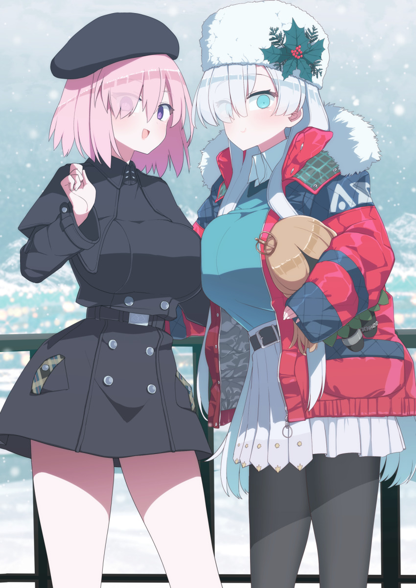 2girls akitokage anastasia_(fate) anastasia_(shvibzik_snow)_(fate) belt beret black_capelet black_coat black_headwear black_pantyhose blue_eyes blue_sweater blush breasts buttons capelet coat coat_dress collared_shirt doll double-breasted fate/grand_order fate_(series) fur-trimmed_jacket fur_hat fur_trim hair_ornament hair_over_one_eye hat highres holding holding_doll holly_hair_ornament jacket large_breasts light_purple_hair long_hair long_sleeves looking_at_viewer mash_kyrielight mash_kyrielight_(traveling_outfit) multiple_girls official_alternate_costume open_mouth pantyhose pleated_skirt purple_eyes red_jacket shirt short_hair skirt smile snow snowing sweater ushanka very_long_hair viy_(fate) white_hair white_skirt