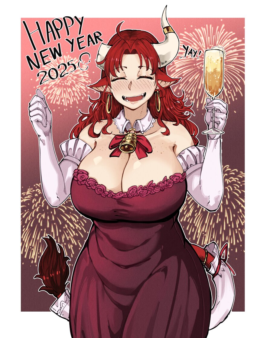 1girl 2025 :d absurdres animal_ears antares_topaz bad_link bell border breasts broken_horn champagne_flute closed_eyes cow_ears cow_girl cow_horns cup detached_collar dress drinking_glass earrings elbow_gloves fireworks frills ganymede_(antares_topaz) gloves happy_new_year highres hoop_earrings horns huge_breasts jewelry minotaur monster_girl neck_bell new_year open_mouth original outside_border red_hair smile solo tail white_border white_gloves