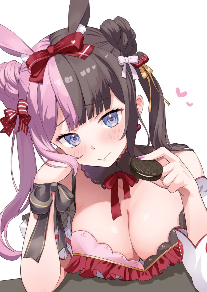 1girl animal_ear_fluff animal_ears bare_shoulders blue_eyes blush bow bowtie bra braid braided_bun breasts brown_bra brown_collar brown_hair collar double_bun dress earrings food food-themed_earrings food-themed_hair_ornament food_themed_earrings frilled_dress frills hair_bow hair_bun hair_ornament head_rest heart heart_in_eye highres holding holding_food jewelry large_breasts long_hair looking_at_viewer multicolored_hair oreo pink_bra pink_hair rabbit_ears red_bow red_bowtie red_dress solo split-color_clothes split-color_hair strawberry_earrings strawberry_hair_ornament symbol_in_eye tachibana_hinano_(4th_costume) tachibana_hinano_(vtuber) totto twintails two-tone_bra two-tone_hair underwear virtual_youtuber vspo! white_background white_bow wrist_bow