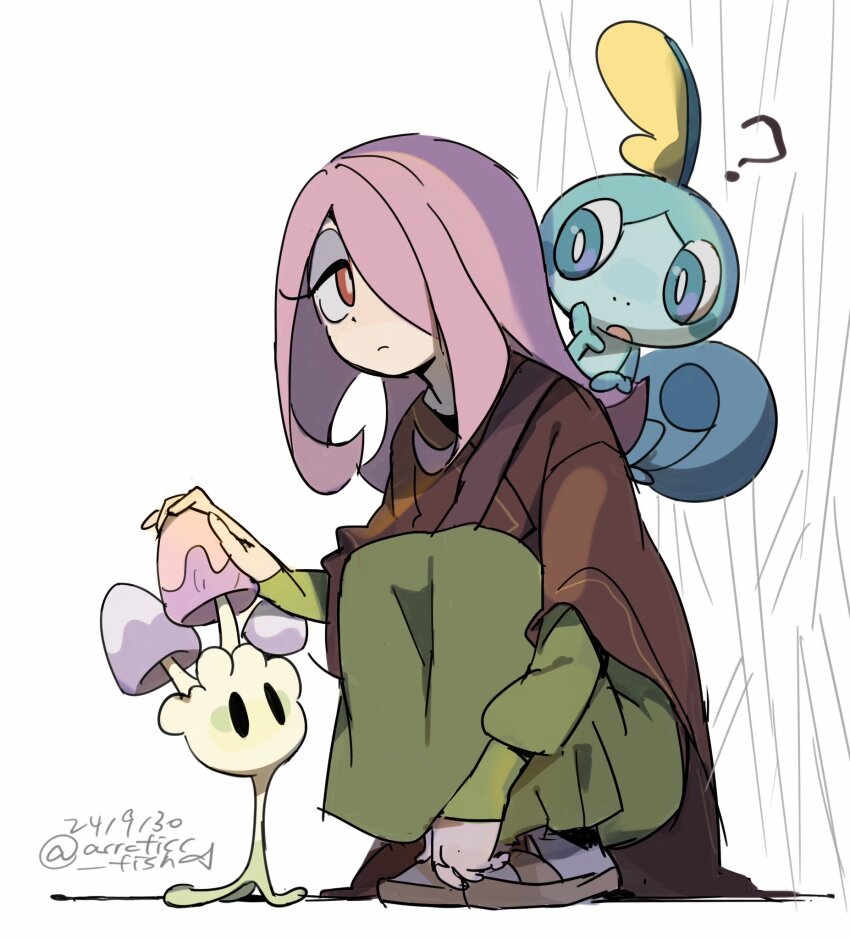 1girl ? arrcticc_fish bright_pupils brown_footwear brown_jacket closed_mouth commentary creatures_(company) crossover dated eyeshadow game_freak gen_7_pokemon gen_8_pokemon green_shirt green_skirt grey_eyeshadow hair_over_one_eye highres jacket little_witch_academia long_hair looking_to_the_side makeup morelull nintendo pink_hair pokemon pokemon_(creature) pokemon_on_back red_eyes sandals shirt skirt sobble squatting sucy_manbavaran twitter_username