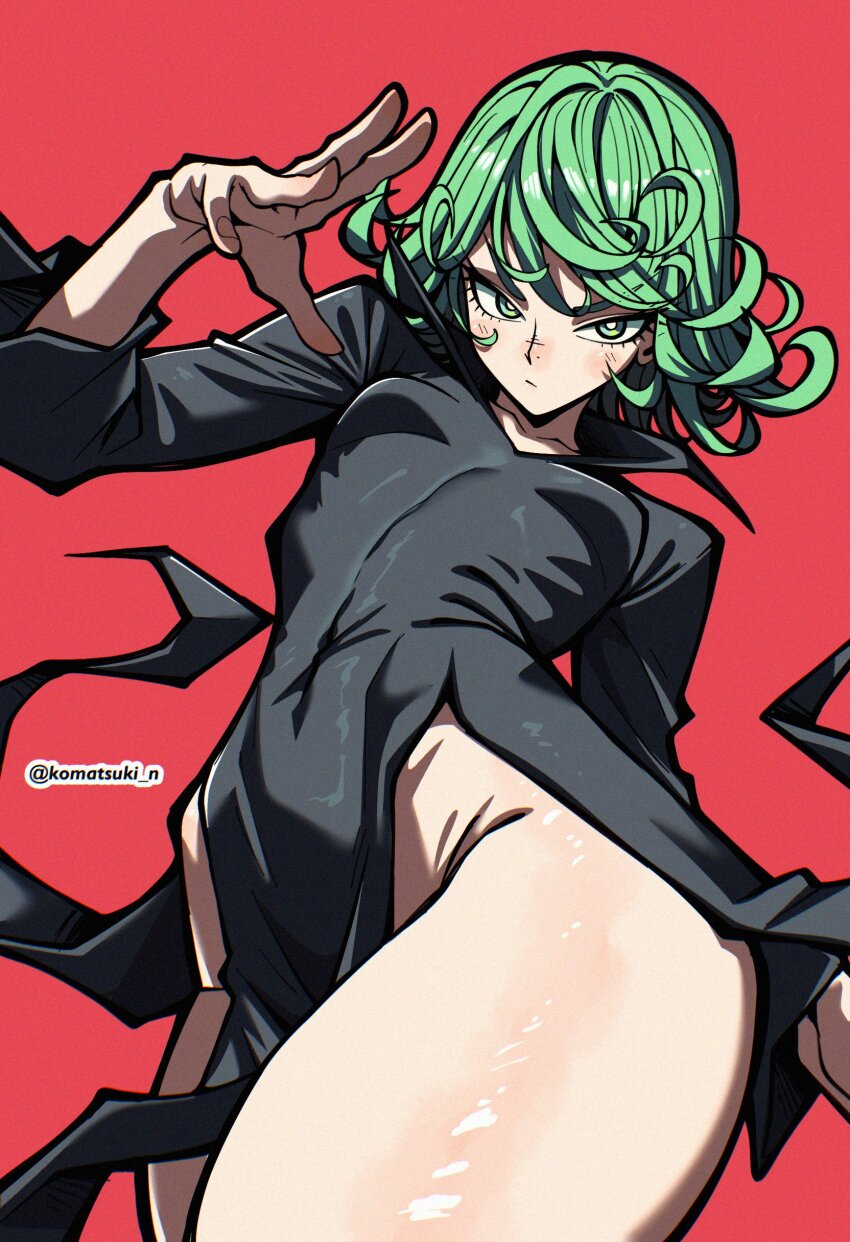 1girl black_dress bottomless dress green_eyes green_hair komatsuki_n one-punch_man red_background simple_background solo tatsumaki