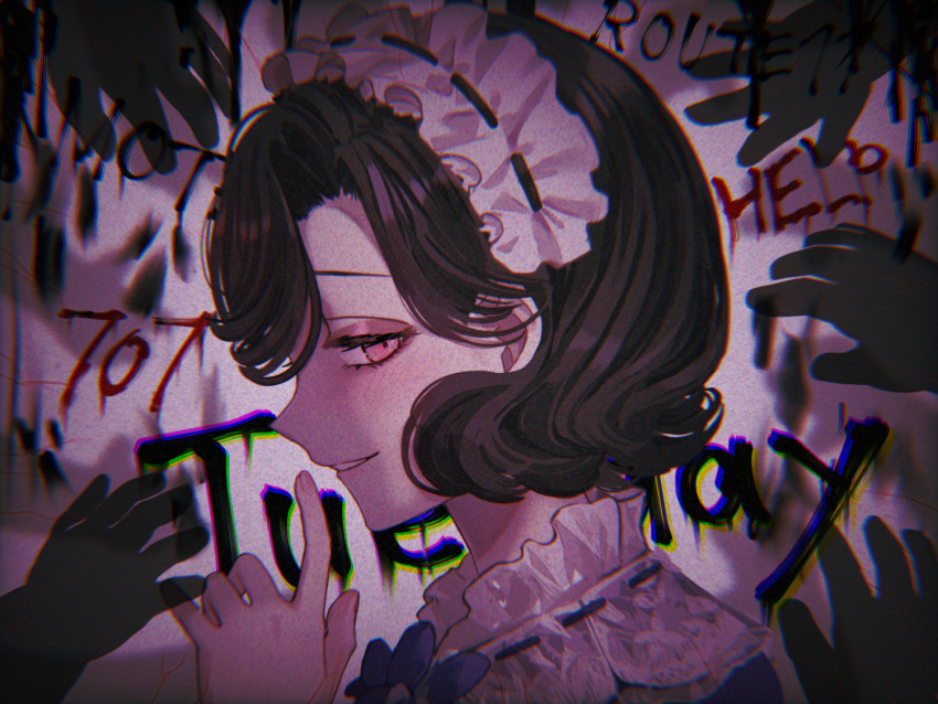 1girl black_hair character_name chromatic_aberration flower from_side grin half-closed_eyes hand_up looking_at_viewer maid maid_headdress nashinome_(y5wlht) neck_flower pink_background pink_eyes portrait profile purple_flower reverse:1999 shadow_hands short_hair smile solo tuesday_(reverse:1999) vignetting