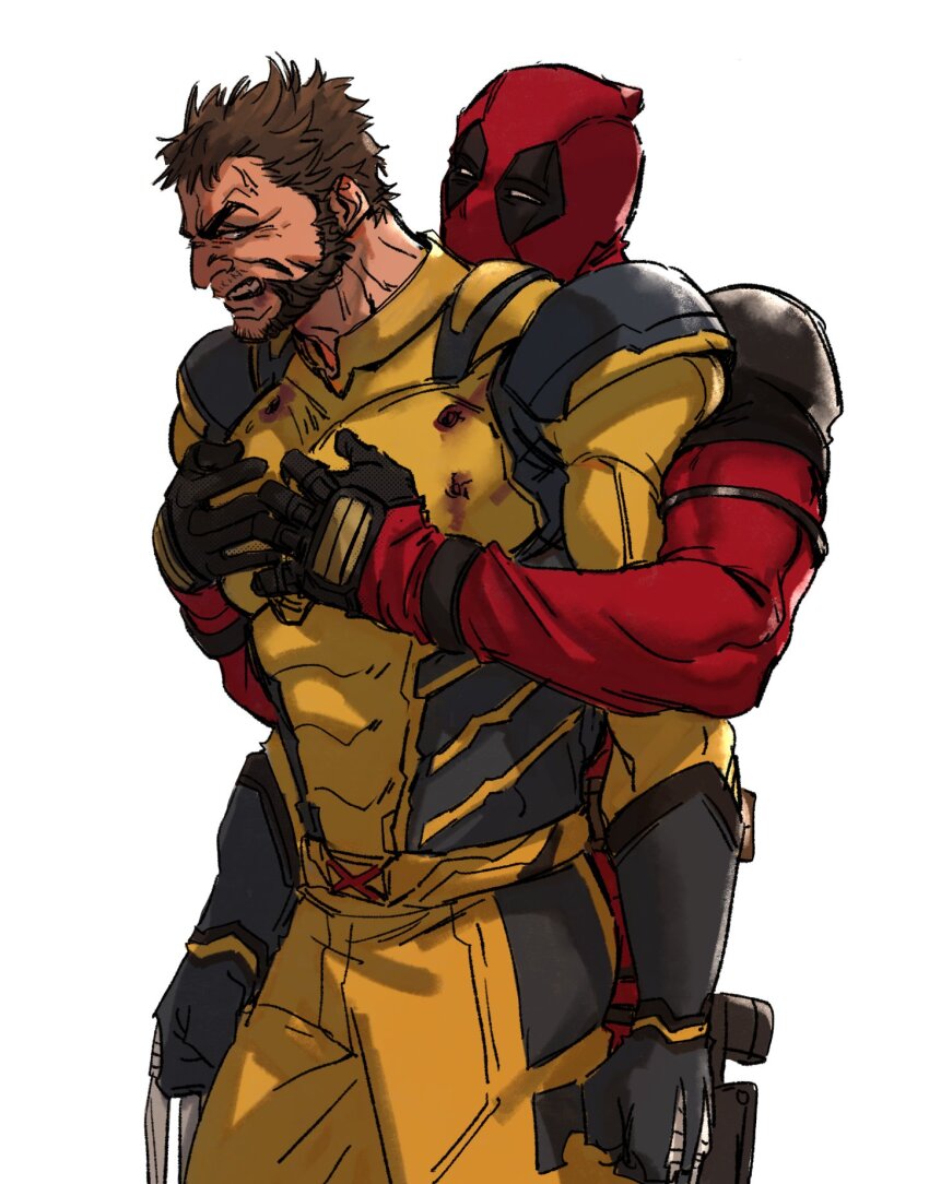 2boys belt bodysuit brown_hair claw_(weapon) clenched_hands deadpool deadpool_&amp;_wolverine deadpool_(series) gloves hashtag-only_commentary highres hug hug_from_behind looking_at_another male_focus marvel marvel_cinematic_universe mature_male mcbuckwheat multiple_boys muscular muscular_male pectoral_grab pectorals red_bodysuit red_mask short_hair teeth two-tone_bodysuit weapon wolverine_(x-men) x-men yaoi