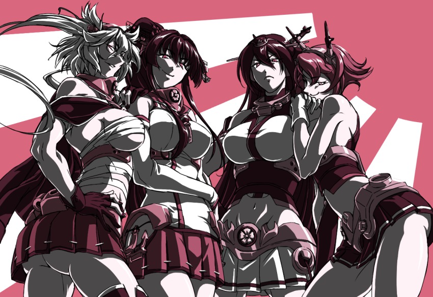 10s bare_shoulders breasts budget_sarashi detached_sleeves elbow_gloves fingerless_gloves flower glasses gloves hair_flower hair_ornament hairband headgear kantai_collection large_breasts long_hair looking_at_viewer miniskirt multiple_girls musashi_(kancolle) mutsu_(kancolle) nagato_(kancolle) ponytail rising_sun_flag sarashi short_hair skirt sunburst thighhighs tsuzuki_masumi twintails two_side_up very_long_hair yamato_(kancolle)