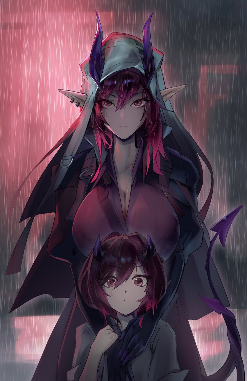 2girls absurdres aged_down arknights ascalon_(arknights) breasts cassiri cleavage closed_mouth cowboy_shot demon_girl demon_horns ears_through_hood expressionless grey_shirt hair_between_eyes highres hood hood_up horns horns_through_hood huge_breasts long_hair looking_at_viewer multiple_girls pointy_ears purple_horns purple_shirt rain shirt tail upper_body