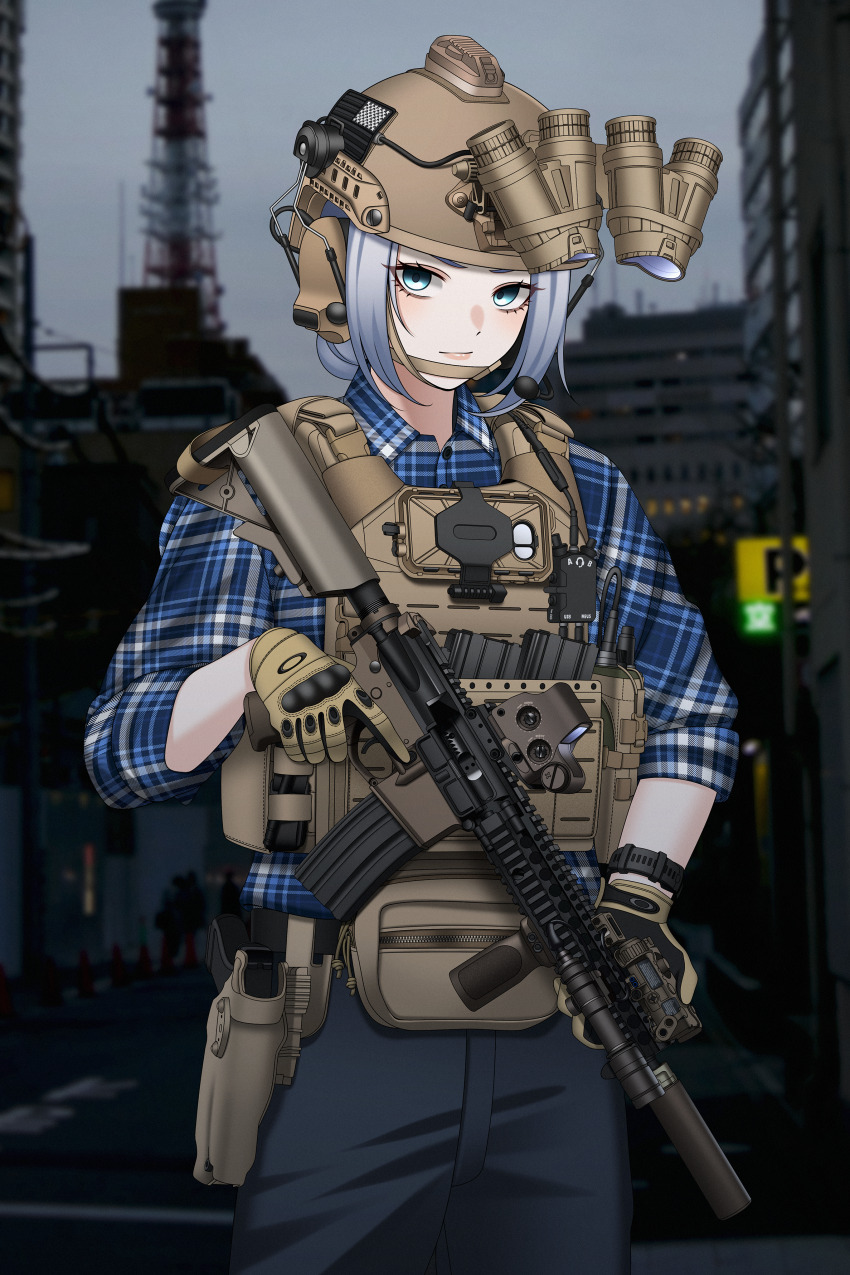 1girl absurdres american_flag ammunition_pouch assault_rifle belt belt_bag black_pants blue_eyes blue_hair blue_shirt blurry blurry_background blush body_armor bulletproof_vest buttons chin_strap closed_mouth collared_shirt combat_helmet commentary commission flashlight gloves gun gun_sling hair_bun handgun headphones headset helmet highres holding holding_gun holding_weapon holster holstered keiita laser_sight load_bearing_vest long_sleeves looking_at_viewer magazine_(weapon) marine_corps_yumi microphone military military_operator military_uniform night_vision_device optical_sight pants plaid_clothes plaid_shirt pouch regina_derringer rifle shirt short_hair sidelocks sleeves_rolled_up soldier solo standing suppressor trigger_discipline united_states_marine_corps vertical_foregrip walkie-talkie watch weapon weapon_request