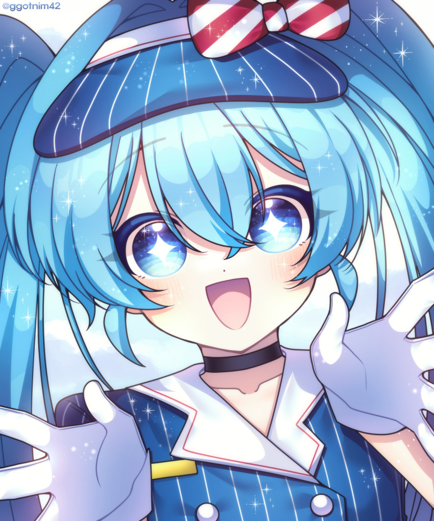 +_+ 1girl :d absurdres black_choker blue_eyes blue_hair blue_hat blue_shirt blue_sky blush bow bright_pupils buttons choker cloud collarbone commentary crossed_bangs diagonal-striped_bow dot_nose double-breasted double-parted_bangs gloves hair_between_eyes hands_up hat hatsune_miku highres light_particles long_hair looking_at_viewer mesmerizer_(vocaloid) nemi_(ggotnim42) open_mouth outdoors portrait red_bow shirt simple_background sky smile solo sparkle straight-on striped_clothes striped_shirt tongue twintails twitter_username two-tone_bow vertical-striped_clothes vertical-striped_shirt visor_cap vocaloid white_bow white_gloves white_pupils