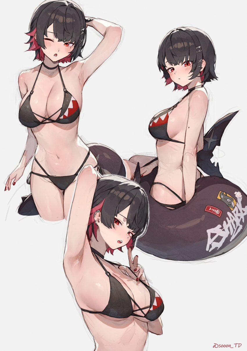 1girl ;o absurdres alternate_costume bikini black_bikini black_choker black_hair blush breasts choker colored_inner_hair cowboy_shot ellen_joe fins fish_tail hair_ornament hairclip highres large_breasts looking_at_viewer mole mole_on_arm multicolored_hair multiple_views one_eye_closed open_mouth red_eyes red_hair shark_tail short_hair sitting sooon swimsuit tail two-tone_hair white_background zenless_zone_zero