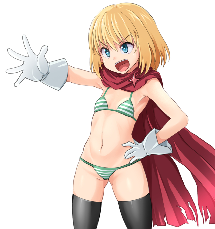 1girl bikini black_thighhighs blonde_hair blue_eyes bob_cut breasts cape cowboy_shot female_focus girls_und_panzer gloves green_bikini hand_on_own_hip highres insignia katyusha_(girls_und_panzer) kitayama_miuki looking_to_the_side open_mouth red_cape short_hair simple_background small_breasts smirk solo string_bikini striped_bikini striped_clothes swimsuit textless_version thighhighs torn_cape torn_clothes v-shaped_eyebrows white_background white_gloves