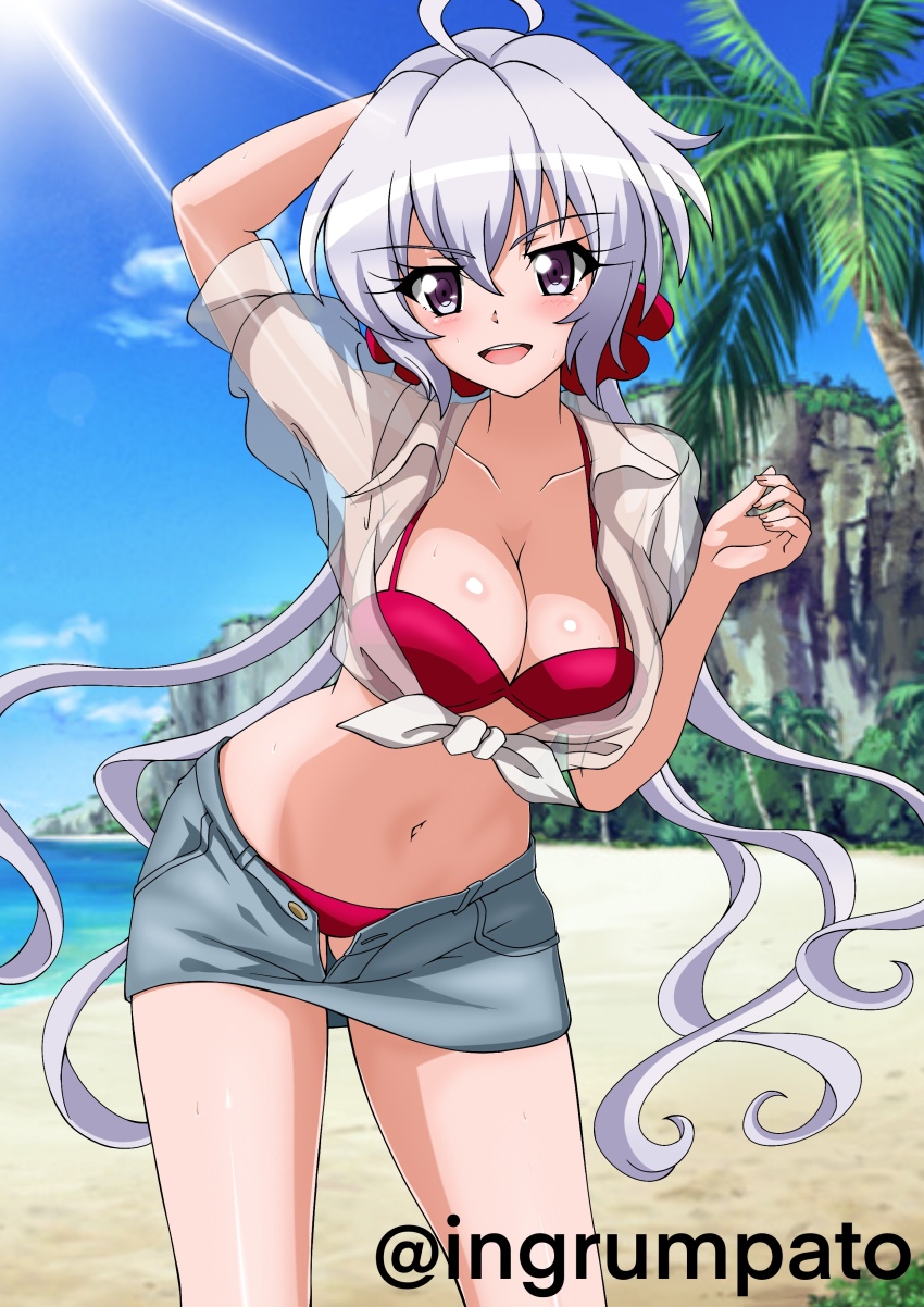 1girl absurdres ahoge beach bikini blue_skirt blush breasts cleavage highres kyomeihibiki large_breasts long_hair looking_at_viewer miniskirt navel ocean open_clothes open_mouth open_skirt palm_tree purple_eyes red_bikini see-through_clothes senki_zesshou_symphogear shirt skirt sky smile solo swimsuit tree twintails white_hair white_shirt yukine_chris