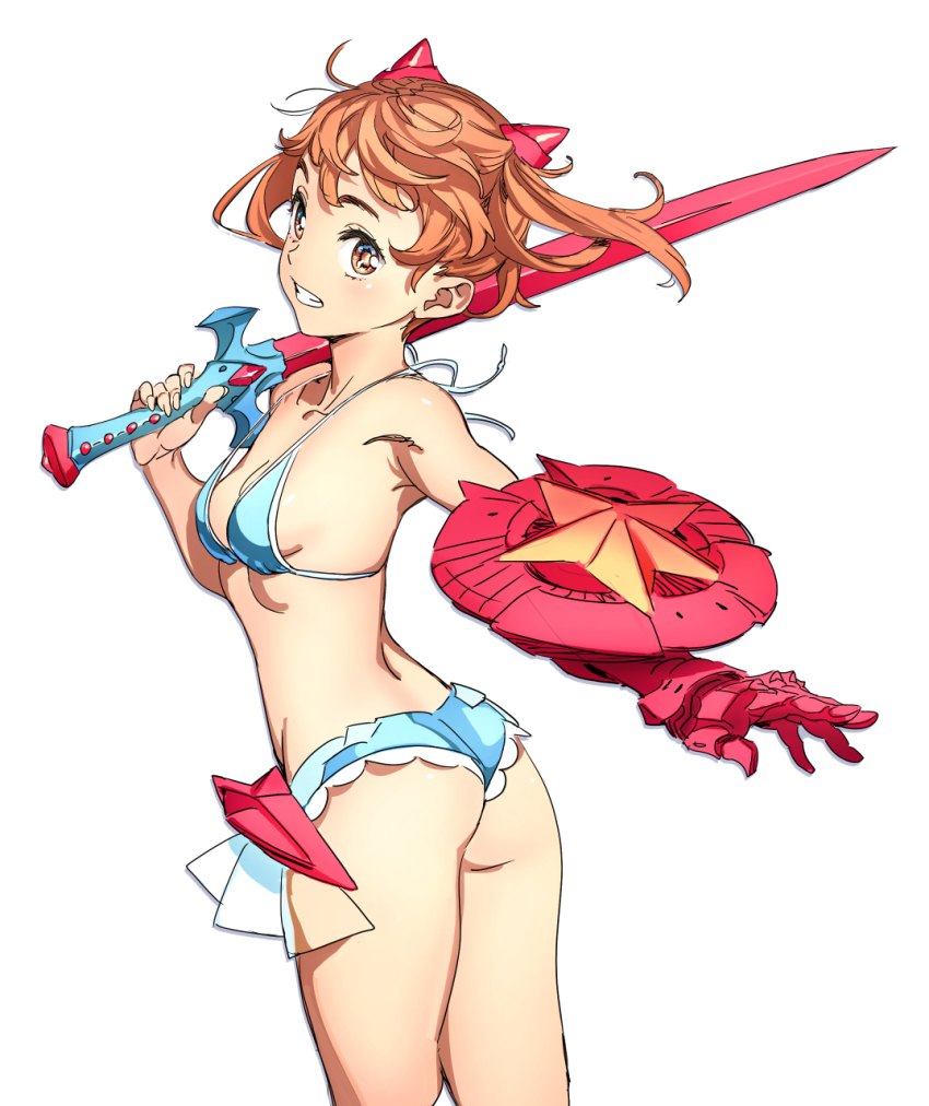 1girl armor ass bikini breasts brown_eyes brown_hair highres looking_back nishieda original over_shoulder redrawn shield short_hair sideboob simple_background small_breasts solo swimsuit sword sword_over_shoulder weapon weapon_over_shoulder