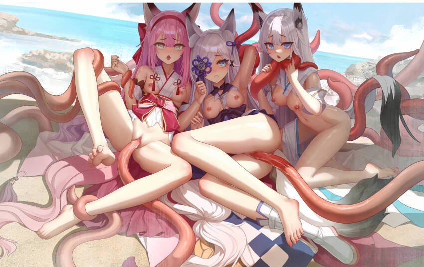 3girls absurdres animal_ear_fluff animal_ears arm_behind_head arm_up armpits azur_lane barefoot beach bkyuuc blue_eyes blue_sky blush boots bottomless breasts censored cloud day defeat eyepatch feet fox_ears fox_girl fox_tail green_eyes grey_hair hair_over_one_eye hairband hanazuki_(azur_lane) heart heart-shaped_pupils highres japanese_clothes kasumi_(azur_lane) kawakaze_(azur_lane) kimono kneeling long_hair looking_at_viewer lying medium_breasts mosaic_censoring multiple_girls navel nipples obi ocean on_side open_mouth outdoors pink_hair pussy red_hairband restrained rock sand sash single_boot sky small_breasts soles spread_legs stomach sunlight swept_bangs symbol-shaped_pupils tail tassel tentacle_around_neck tentacle_sex tentacles toes tongue tongue_out torn_clothes torn_kimono vaginal water white_footwear white_hair