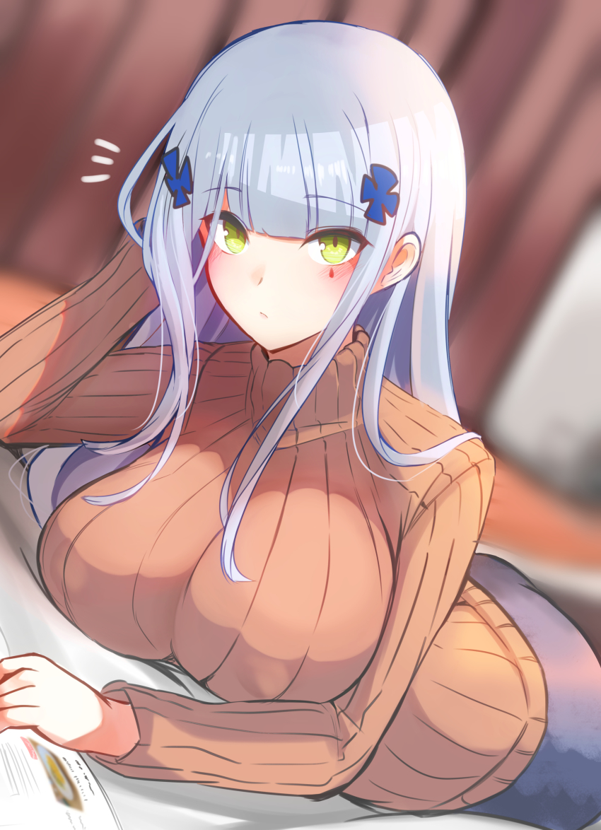 10eki_(tenchou) 1girl absurdres blue_hair blunt_bangs blurry blurry_background blush book breast_rest breasts brown_sweater casual closed_mouth covered_erect_nipples dutch_angle eyes_visible_through_hair facial_mark female_focus girls&#039;_frontline green_eyes hair_ornament hand_on_own_head highres hk416_(girls&#039;_frontline) impossible_clothes impossible_sweater indoors large_breasts light_blue_hair light_frown long_hair long_sleeves looking_at_viewer lying notice_lines on_stomach ribbed_sweater sidelocks silver_hair skirt solo sweater tattoo teardrop teardrop_facial_mark teardrop_tattoo turtleneck turtleneck_sweater x_hair_ornament