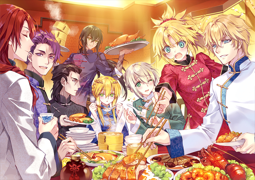 2girls 6+boys agravain_(fate) ahoge artoria_pendragon_(fate) artoria_pendragon_(lancer)_(fate) bad_id bad_pixiv_id bamboo_steamer bedivere_(fate) black_hair blonde_hair blue_eyes braid braided_bun carnelian china_dress chinese_clothes chinese_food chinese_text closed_eyes commentary_request dress fate/grand_order fate_(series) feast food gawain_(fate) green_eyes hair_bun knights_of_the_round_table_(fate) lancelot_(fate/grand_order) long_hair mordred_(fate) mordred_(fate/apocrypha) multiple_boys multiple_girls one_eye_closed purple_eyes purple_hair red_hair signature silver_hair tristan_(fate) very_long_hair yan_qing_(fate) yellow_eyes