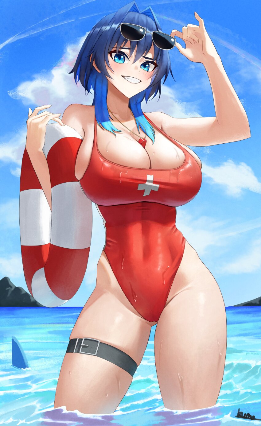 1girl absurdres adjusting_eyewear beach blue_eyes blue_hair blue_sky breasts cleavage cloud contrapposto covered_navel day eyewear_on_head highres holding holding_swim_ring hololive hololive_english innertube kuraodo_0 large_breasts lifebuoy lifeguard long_hair looking_at_viewer medium_hair ocean one-piece_swimsuit ouro_kronii outdoors red_one-piece_swimsuit shark_fin short_hair sky smile solo sunglasses swim_ring swimsuit thighs virtual_youtuber water whistle whistle_around_neck wolf_cut