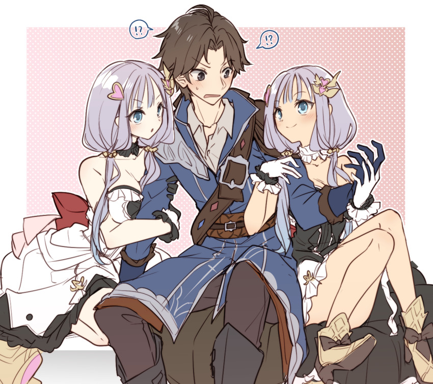 !? 1boy 2girls arm_hug atelier_(series) atelier_lulua bare_shoulders belt blue_eyes blue_jacket blunt_bangs blush boots border breasts brown_hair brown_pants christoph_aurel_arland cleavage closed_mouth commentary_request confused dress dual_persona elmerulia_frixell_(innocent_fairy) elmerulia_frixell gloves grey_hair hair_ornament heart hetero high_heel_boots high_heels jacket karasumi_(aiseec) long_hair long_sleeves looking_at_another low_twintails multiple_girls open_mouth outside_border pants pink_background short_hair sitting smile spoken_interrobang sweatdrop twintails white_border white_dress white_gloves